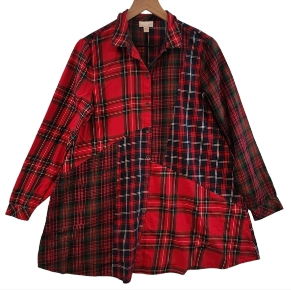 J. Jill Missmatched Patchwork Print Tunic Red Plaid Long Sleeve w/ Pockets sz Sm - Picture 1 of 13